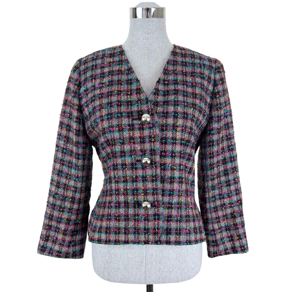 Vintage Jaeger Tweed Plaid Marled Woven Blazer Multi Silver Buttons Women's 10